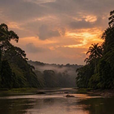 Atardecer sobre un río entre bosque tropical