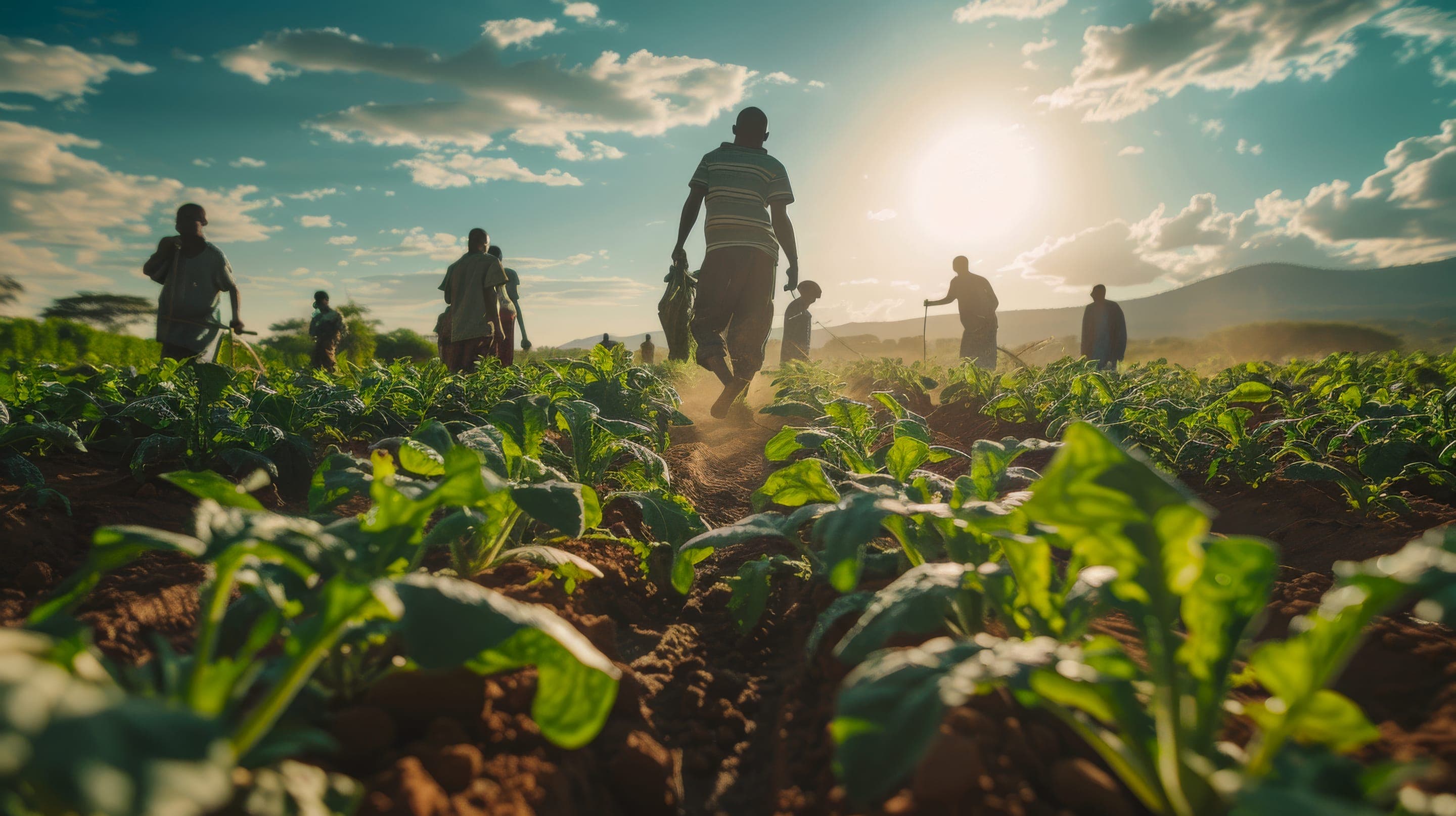 Cuadrilla de campo caminando entre cultivos al atardecer