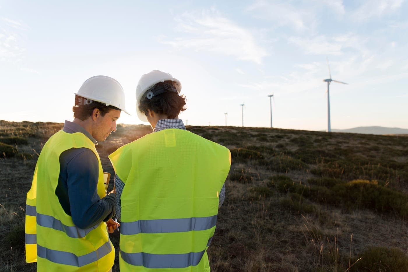 Dos técnicos con casco y chaleco revisan datos en un campo con aerogeneradores