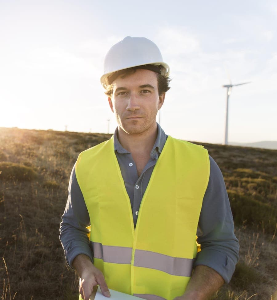 Ingeniero forestal con casco y chaleco en un campo con aerogeneradores